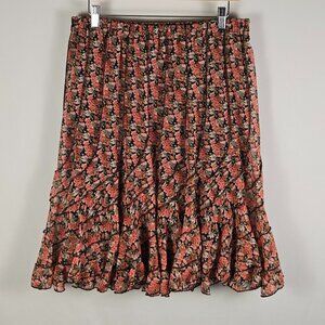Dimri Black Pink Floral Ruffle Hem Skirt Elastic‎ Waist Boho Chiffon Lined M